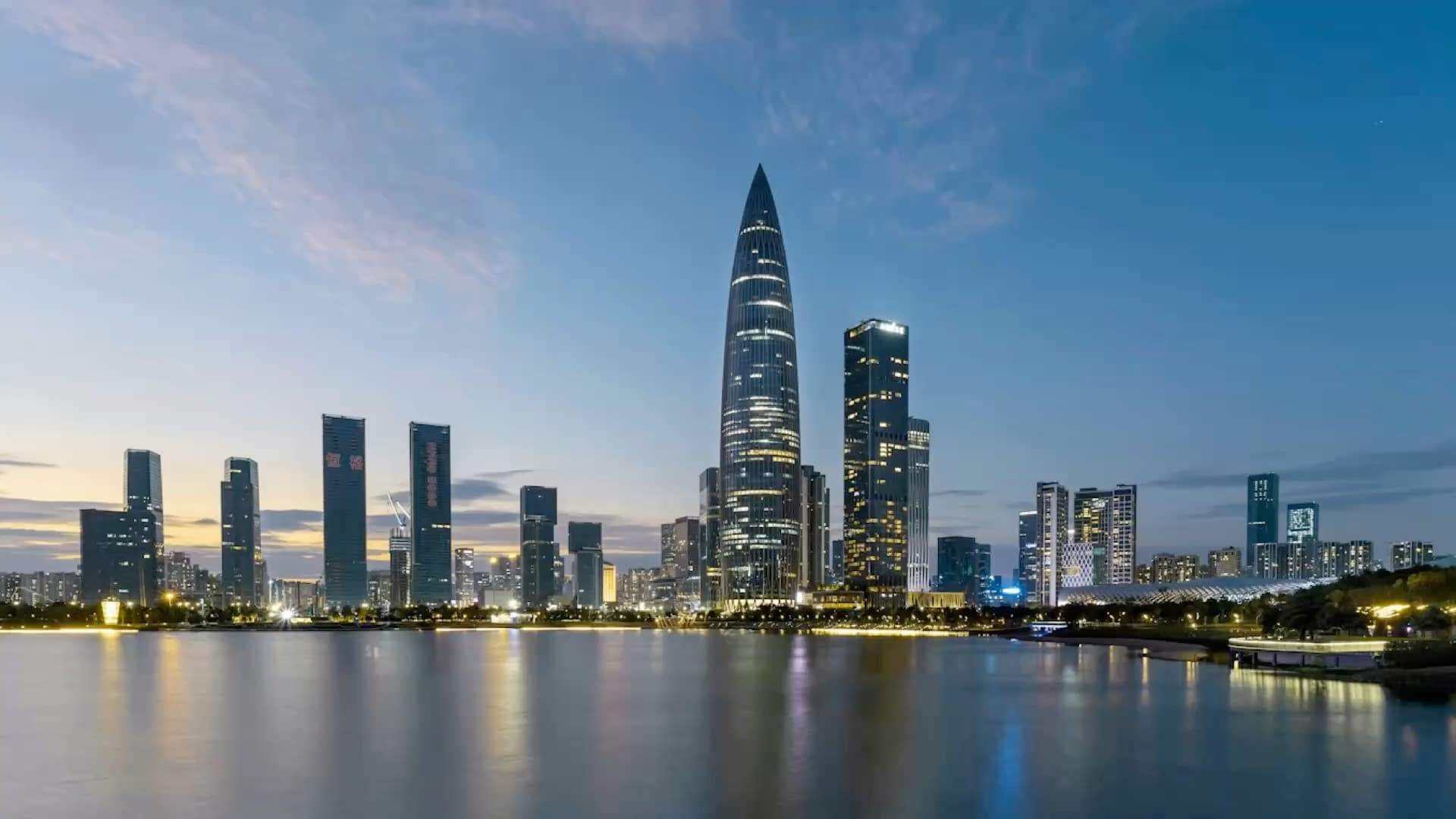 Shenzhen waterfront skyline at blue hour